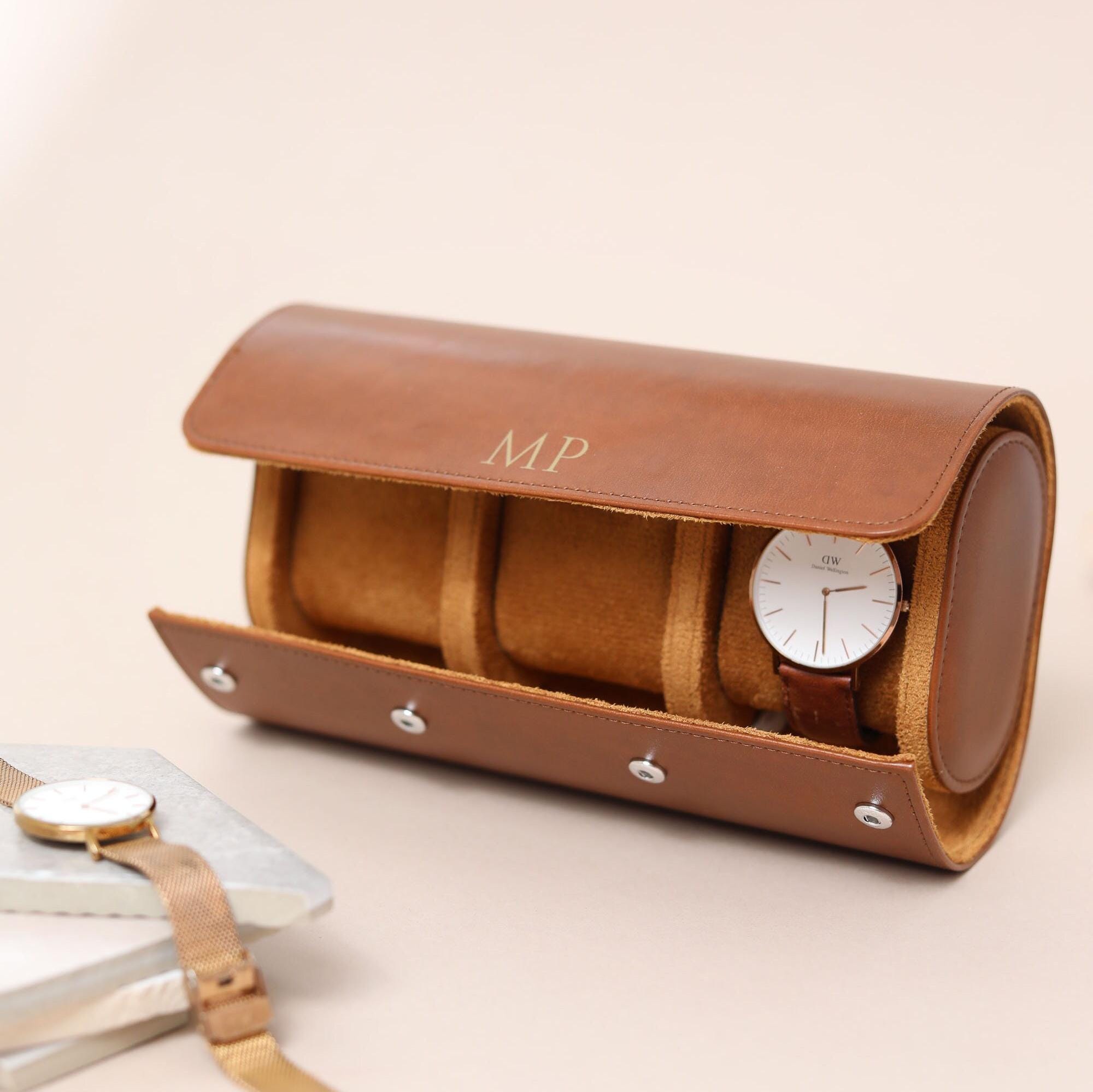 Personalised Faux Leather Watch Case, Fathers Day Gift, Travel Watch Box, Luxury Watch Case Roll for 3 Watches, Gift For Him, Groom Gift - Jessica Hollie Gifts