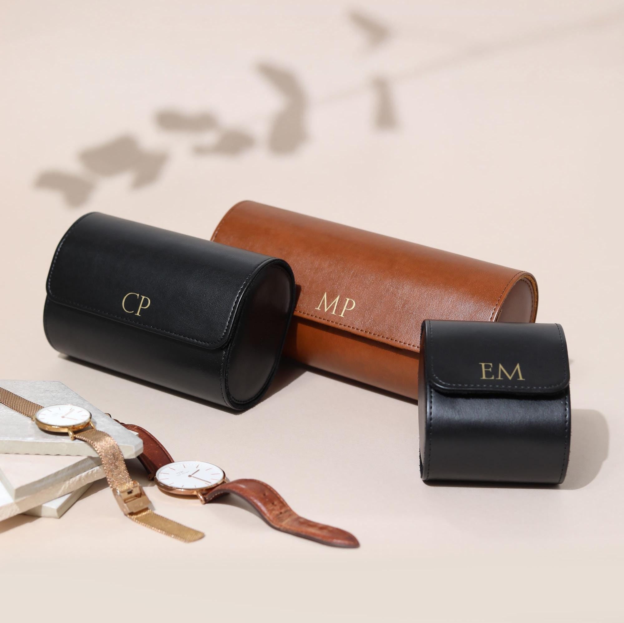 Personalised Faux Leather Watch Case, Fathers Day Gift, Travel Watch Box, Luxury Watch Case Roll for 3 Watches, Gift For Him, Groom Gift - Jessica Hollie Gifts