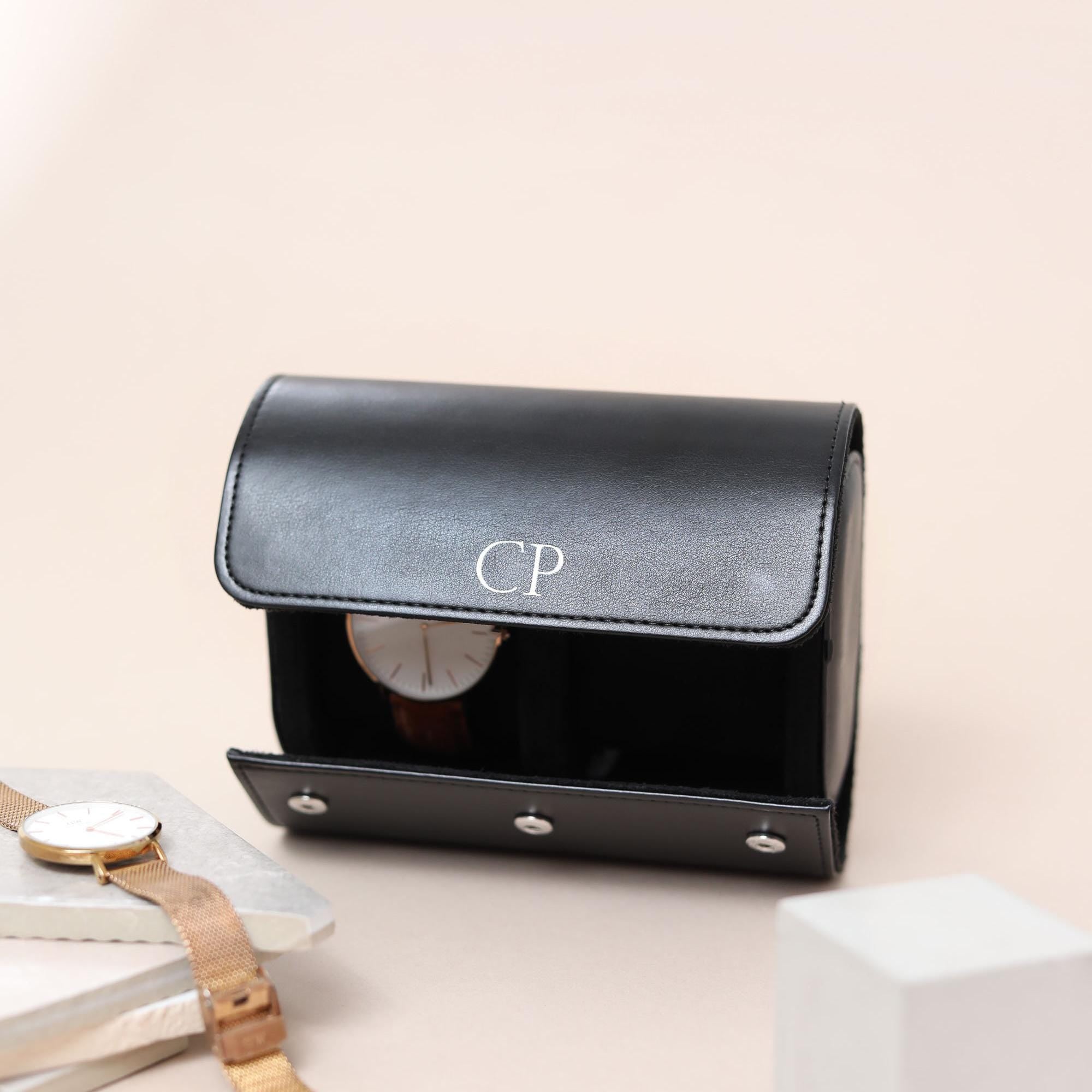 Personalised Faux Leather Watch Case, Fathers Day Gift, Travel Watch Box, Luxury Watch Case Roll for 3 Watches, Gift For Him, Groom Gift - Jessica Hollie Gifts