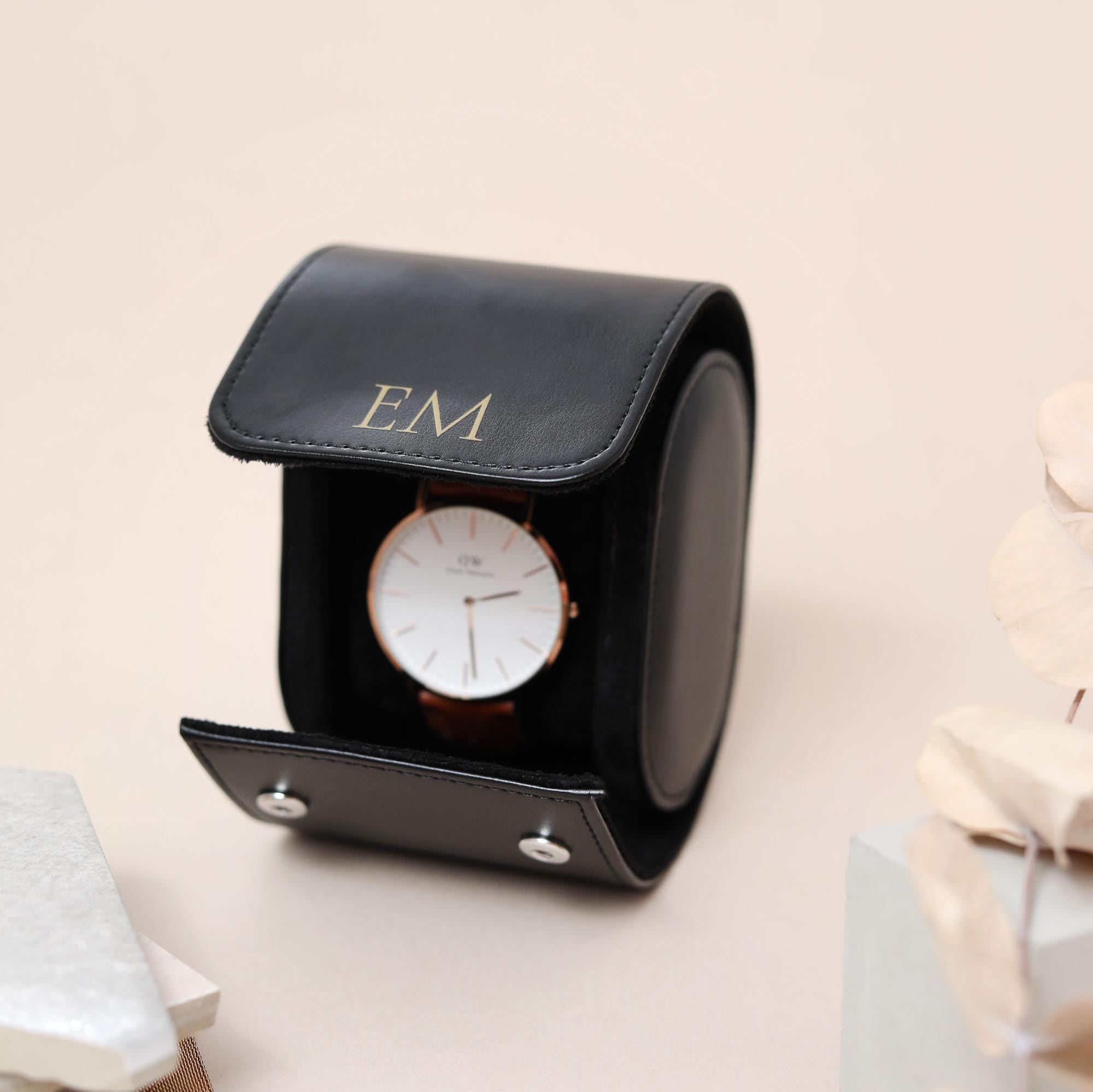 Personalised Faux Leather Watch Case, Fathers Day Gift, Travel Watch Box, Luxury Watch Case Roll for 3 Watches, Gift For Him, Groom Gift - Jessica Hollie Gifts