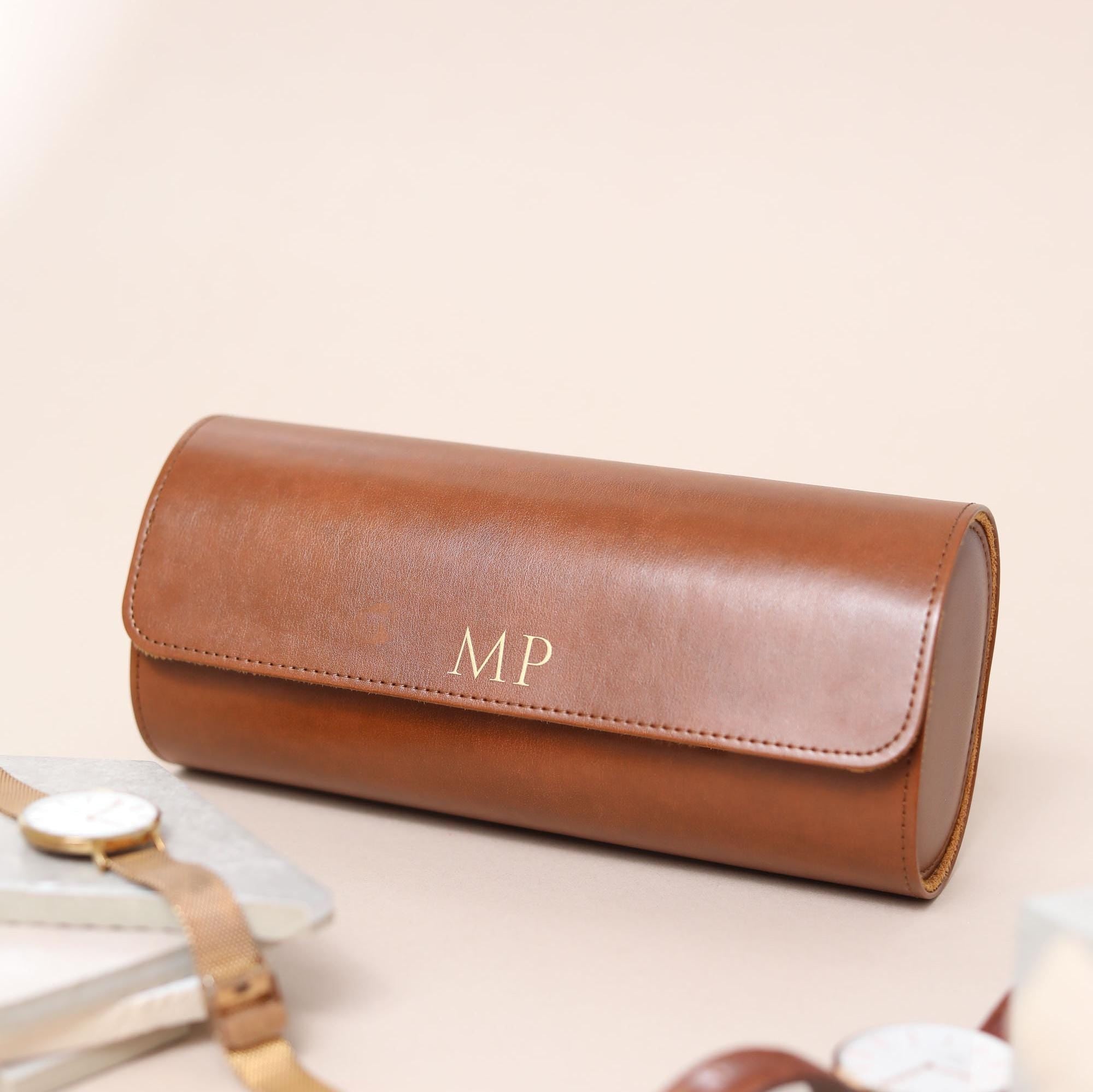 Personalised Faux Leather Watch Case, Fathers Day Gift, Travel Watch Box, Luxury Watch Case Roll for 3 Watches, Gift For Him, Groom Gift - Jessica Hollie Gifts